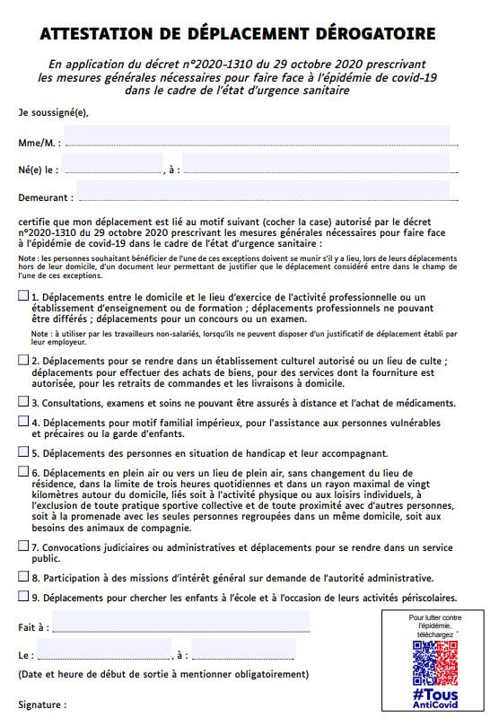 attestation de déplacement dérogatoire